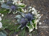 Blue thistle with greenery & babys breath to accent
